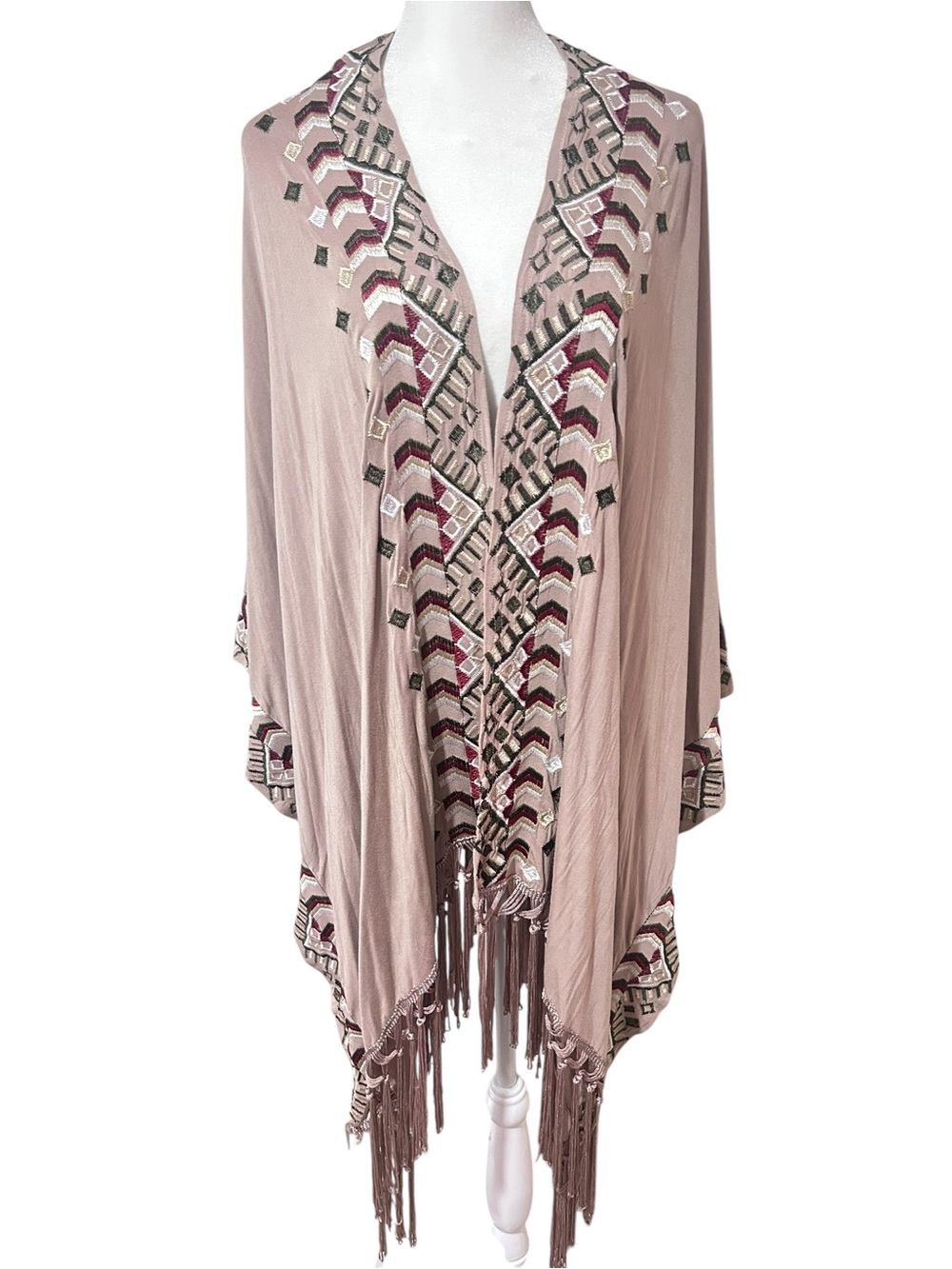 POL One Size Embroidered Boho Kimono Cape Fringe Ruana Shawl Festival
